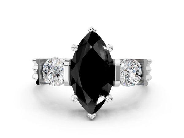 Silver Three-Stone Fancy Black Marquise Cut Classic Band Prong Setting Ring