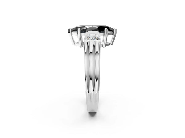 Silver Three-Stone Fancy Black Marquise Cut Classic Band Prong Setting Ring