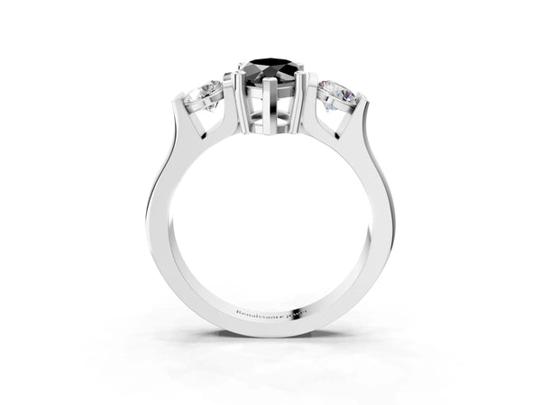 Silver Three-Stone Fancy Black Marquise Cut Classic Band Prong Setting Ring