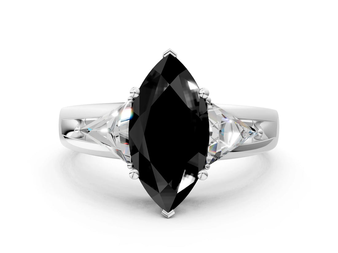 Silver Three-Stone Fancy Black Marquise Cut Cut Diamond Ring with Trillion Side Stones on a Split Shank Band_6