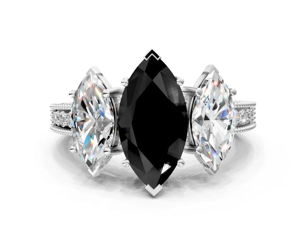 Sterling Silver Marquise Engraved Three Stone Engagement Ring Setting for Black Center