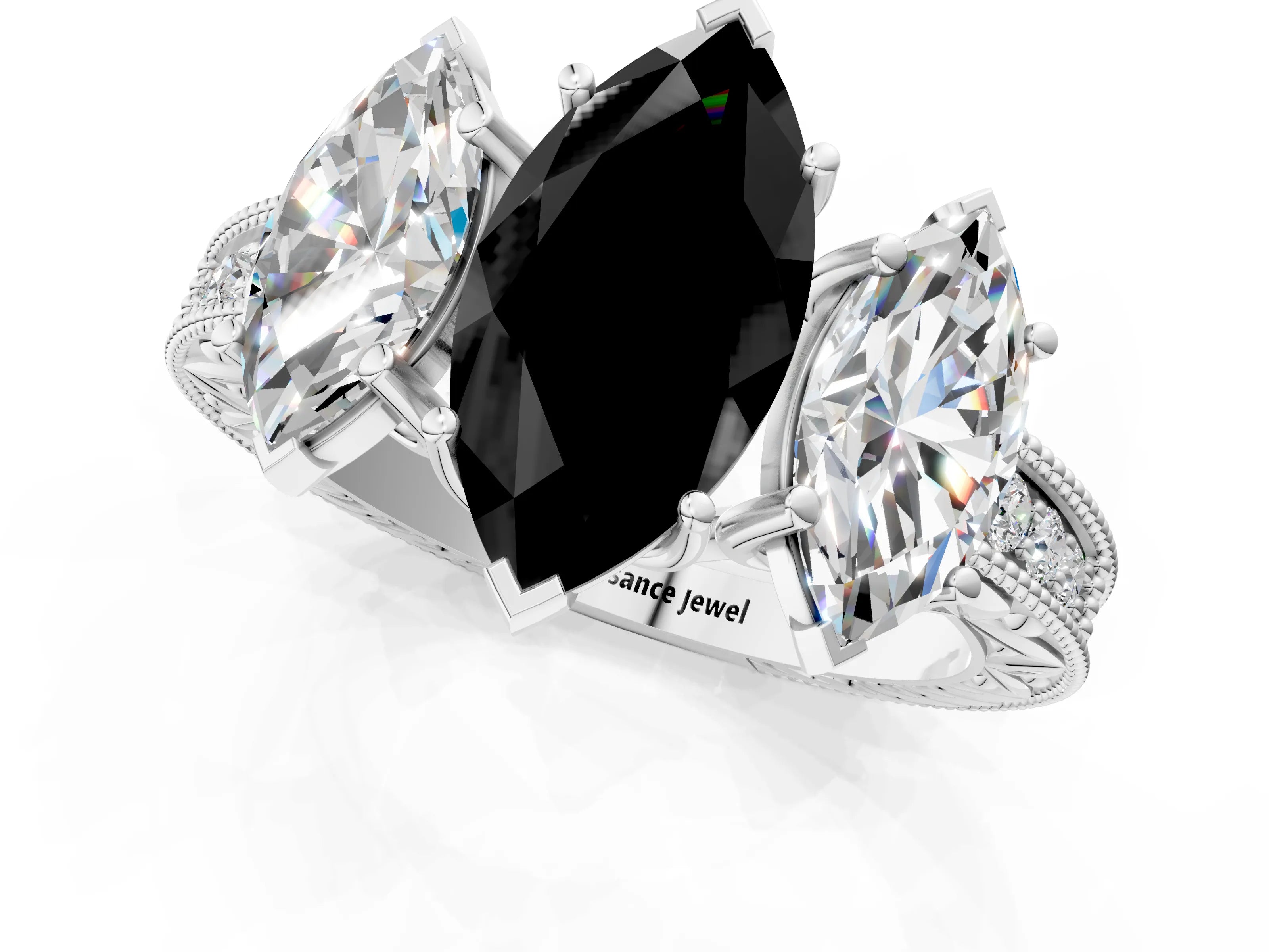 Silver Three-Stone Fancy Black Marquise Cut Cut Milgrain Pavé Engagement Ring_25