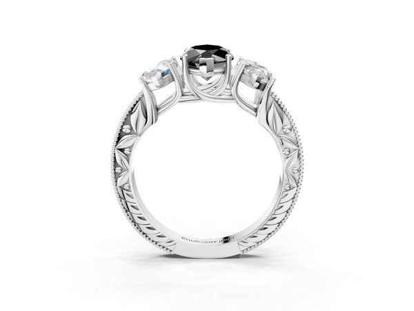 Sterling Silver Marquise Engraved Three Stone Engagement Ring Setting for Black Center