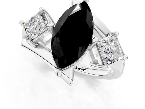 Silver Three-Stone Fancy Black Marquise Cut Cut Tension Band Ring with Four-Prong Setting