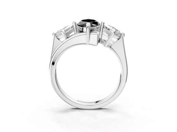 Silver Three-Stone Fancy Black Marquise Cut Cut Tension Band Ring with Four-Prong Setting
