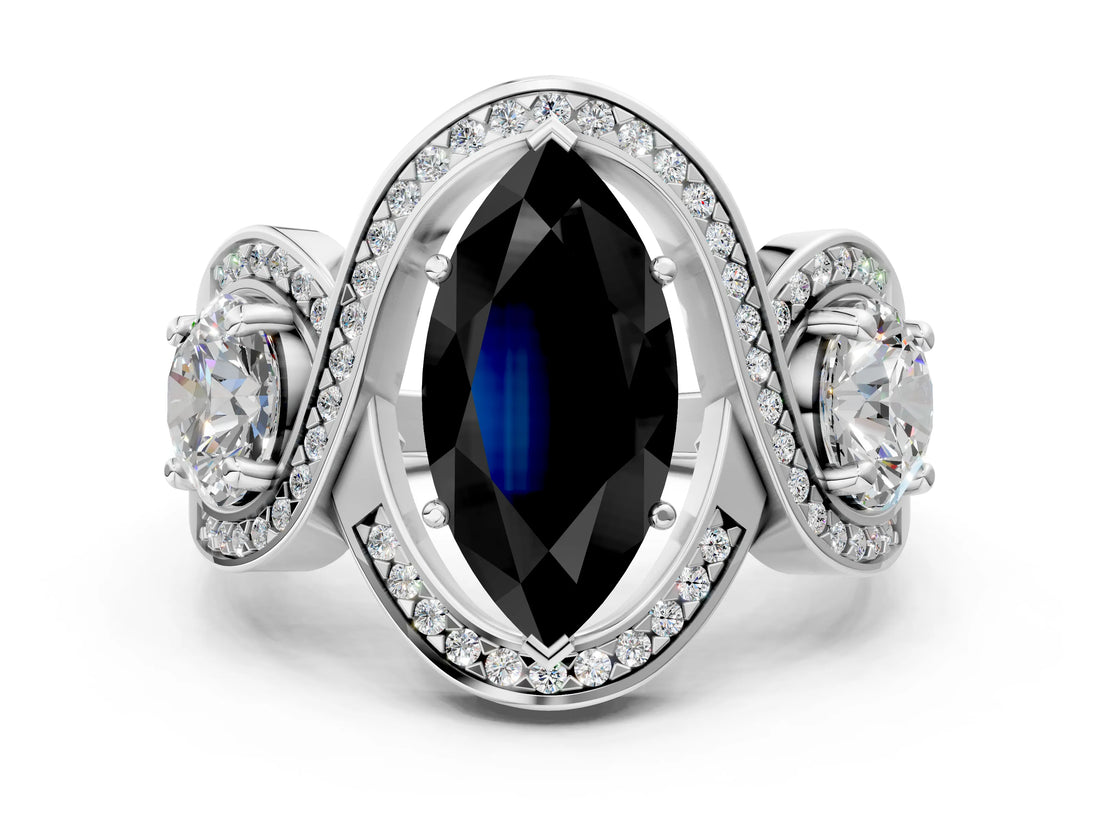 Silver Three-Stone Fancy Black Marquise Cut Diamond Wave Pave Band with Prong Setting_18