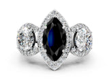 Silver Three-Stone Fancy Black Marquise Cut Halo Diamond Milgrain Band with Four-Prong Setting_6