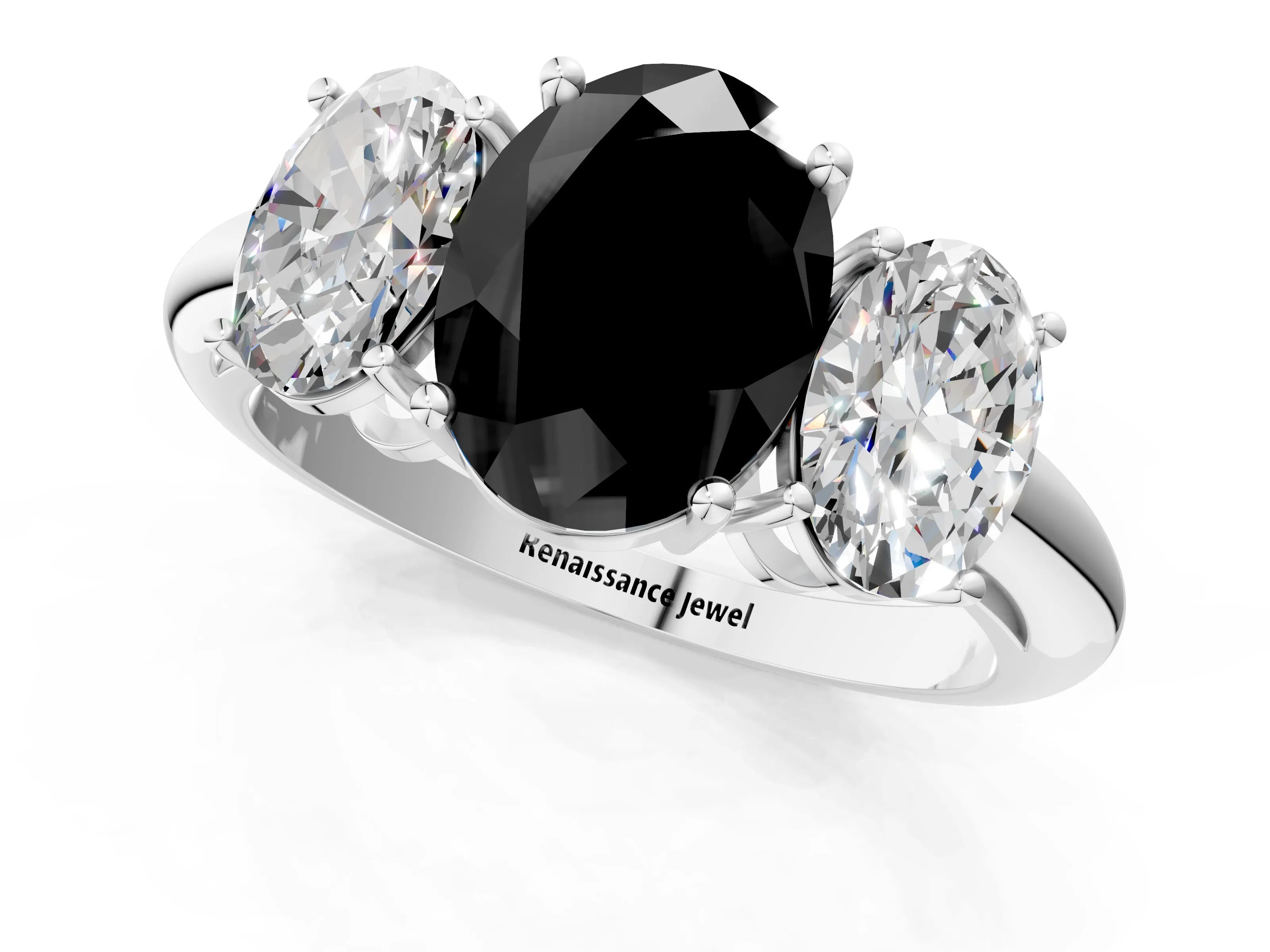 Silver Three-Stone Fancy Black Oval Cut Cut Diamond Engagement Ring with Prong Setting on a White Gold Band_19