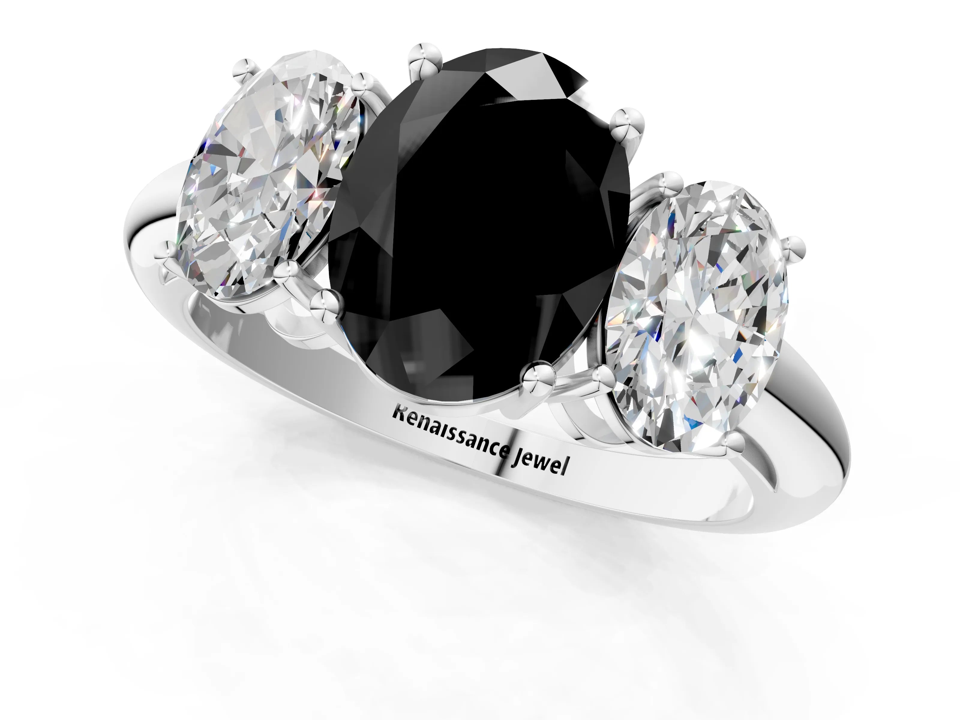 Silver Three-Stone Fancy Black Oval Cut Cut Diamond Engagement Ring with Prong Setting on a White Gold Band_73
