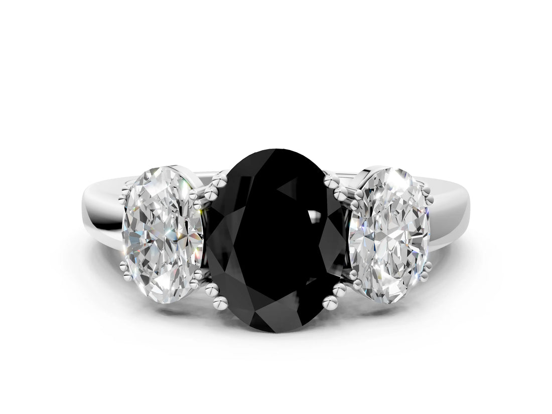 Silver Three-Stone Fancy Black Oval Cut Cut Diamond Ring with Channel Set Band and Four-Prong Setting_30