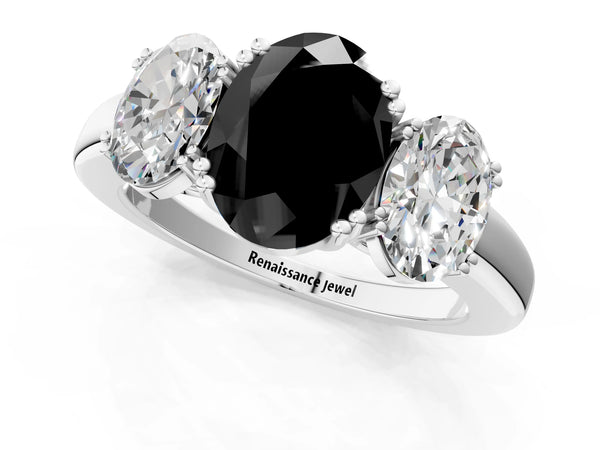 Sterling Silver Oval Three Stone Engagement Ring Setting for Black Center with Double Claw Head and Plain Band