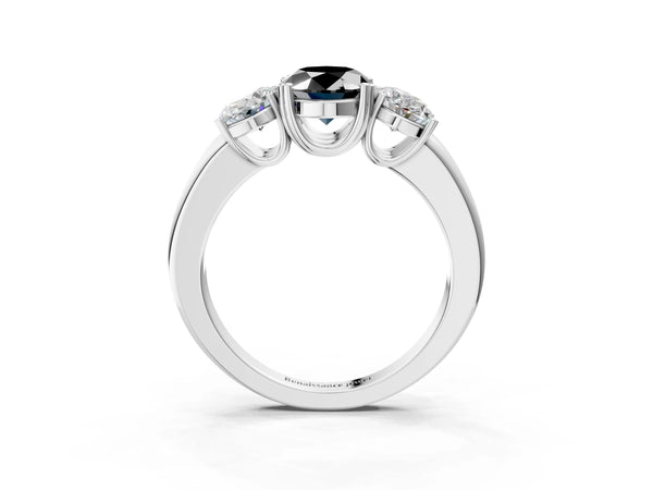 Sterling Silver Oval Three Stone Engagement Ring Setting for Black Center with Double Claw Head and Plain Band