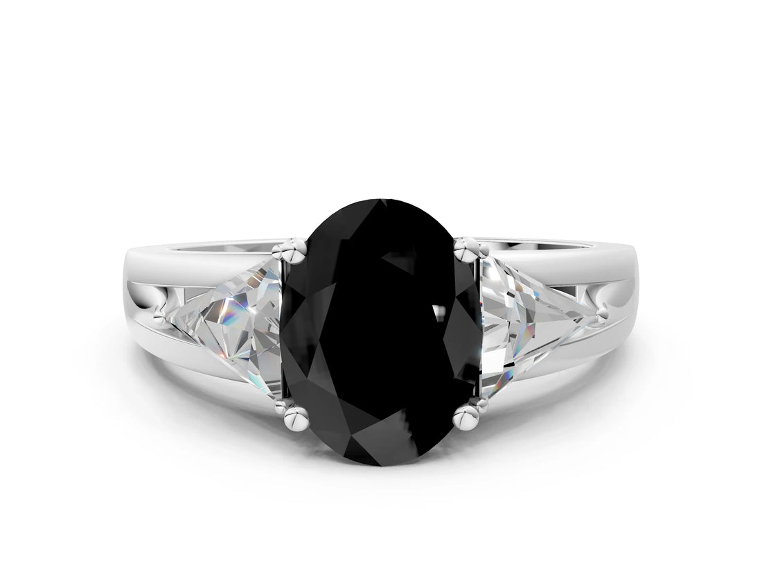 Silver Three-Stone Fancy Black Oval Cut Cut Diamond Ring with Trillion Side Stones on a Split Shank Band_30