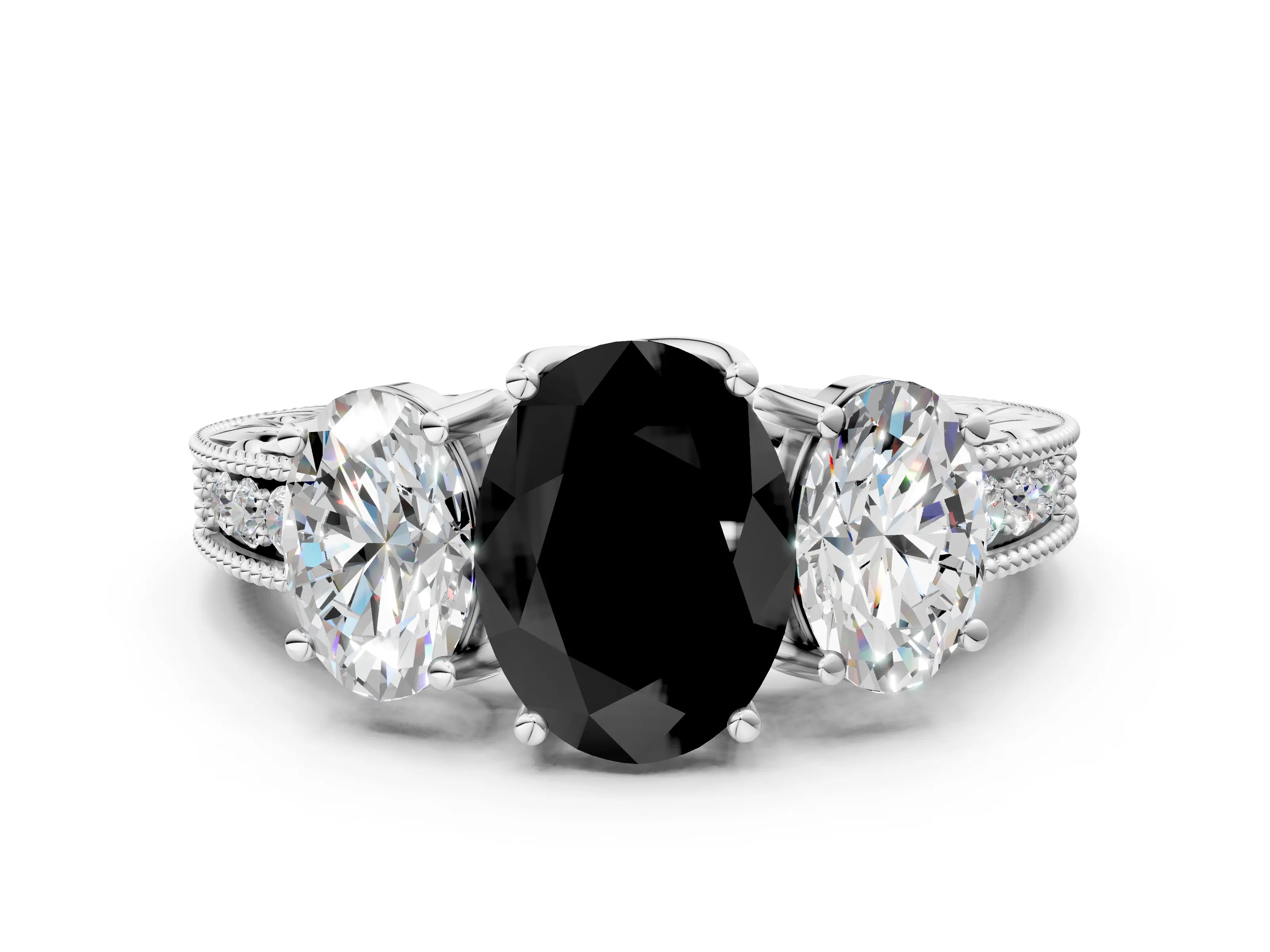 Silver Three-Stone Fancy Black Oval Cut Cut Milgrain Pavé Engagement Ring_18