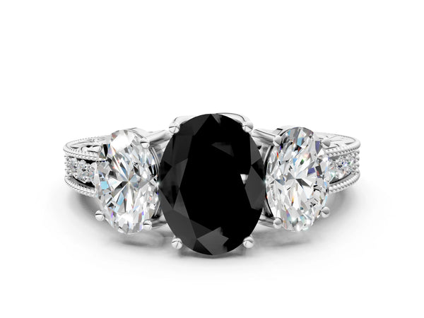 Sterling Silver Oval Engraved Three Stone Engagement Ring Setting for Black Center
