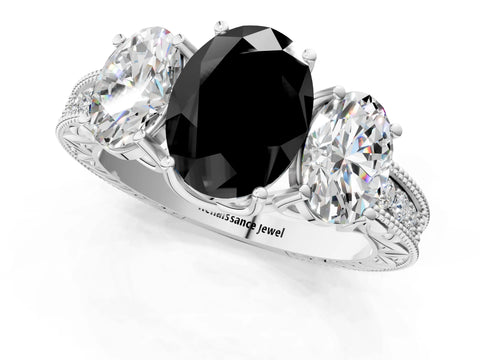 Silver Three-Stone Fancy Black Oval Cut Cut Milgrain Pavé Engagement Ring_19