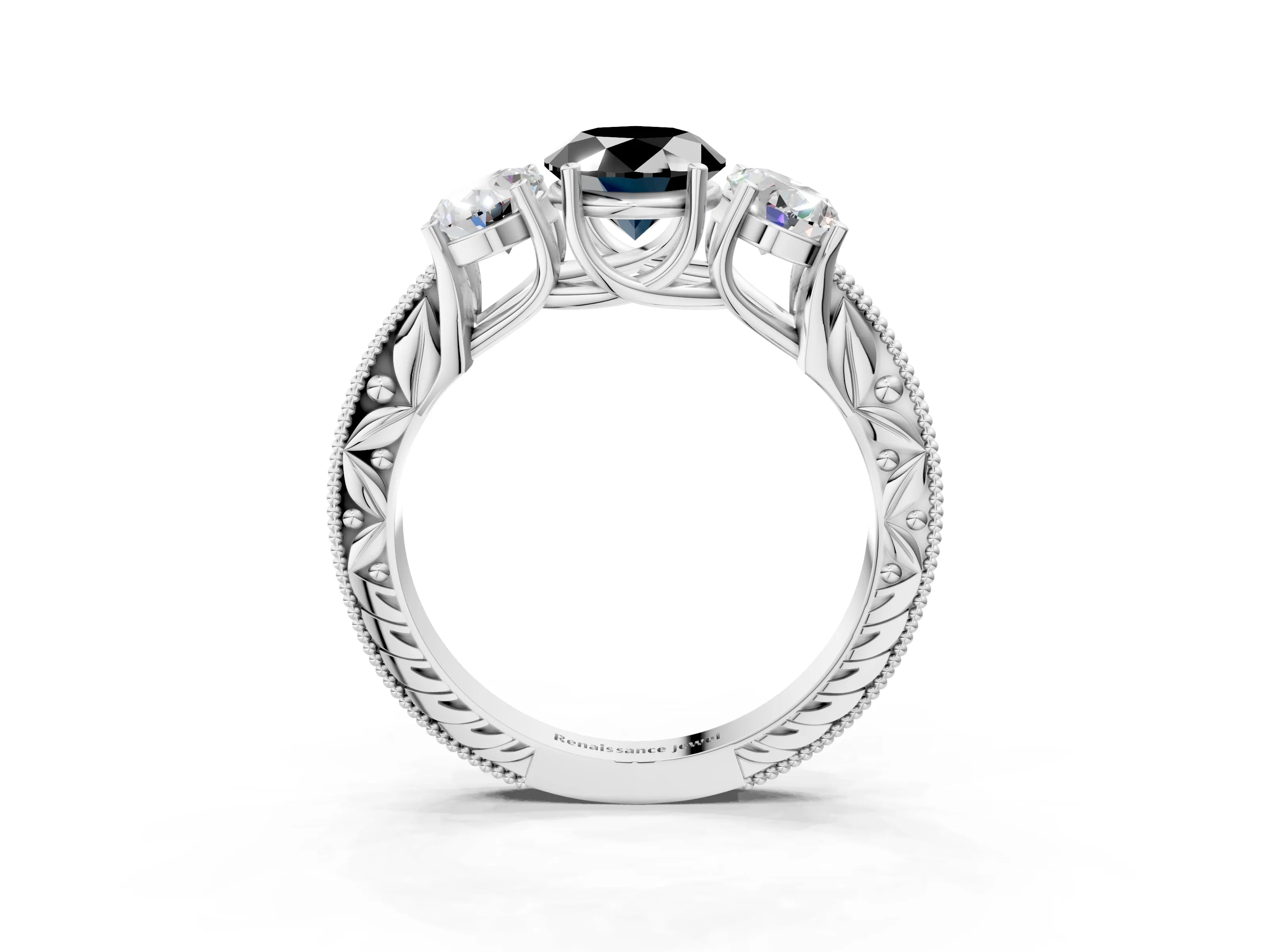 Silver Three-Stone Fancy Black Oval Cut Cut Milgrain Pavé Engagement Ring_21