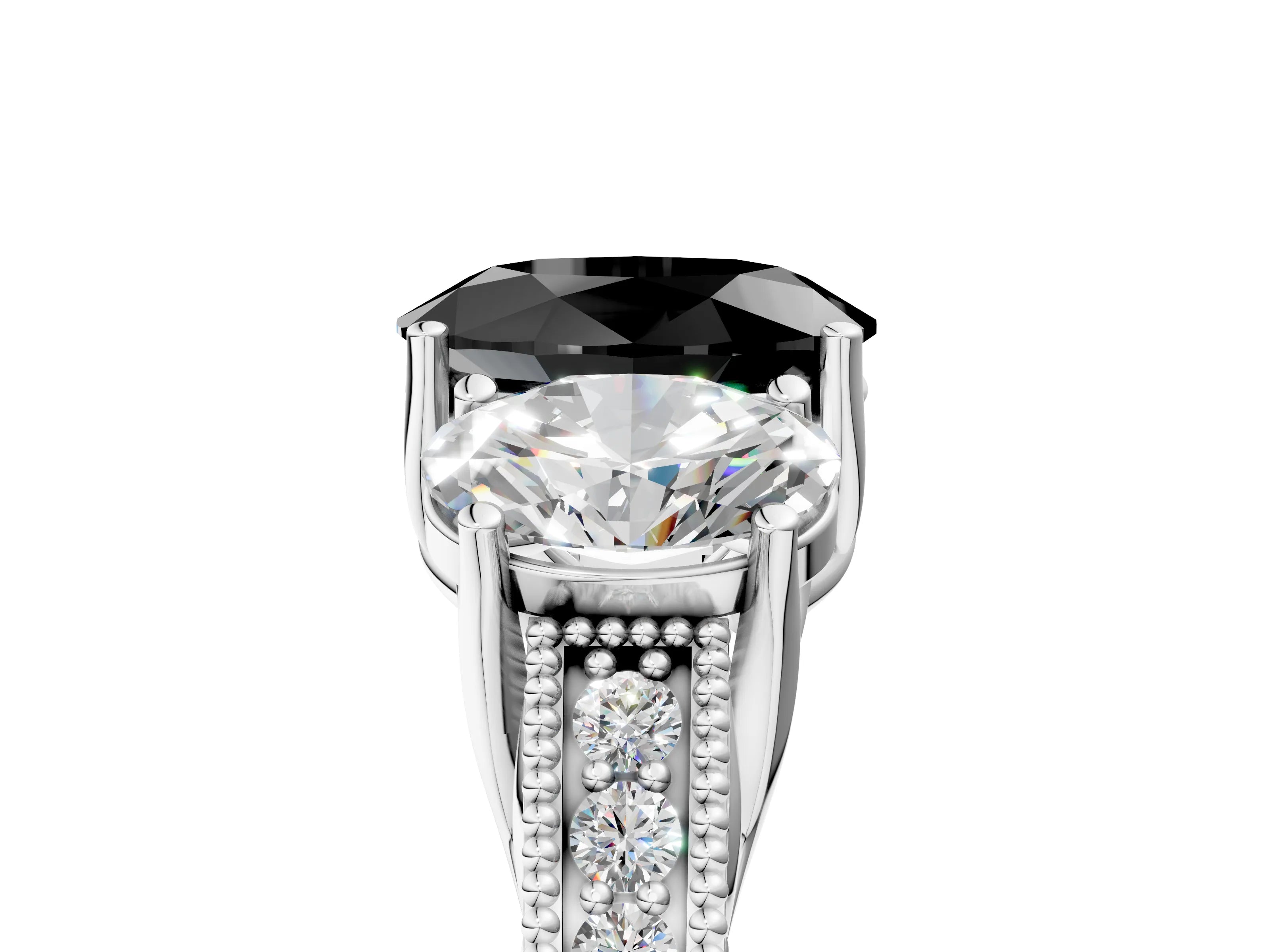 Silver Three-Stone Fancy Black Oval Cut Cut Milgrain Pavé Engagement Ring_23