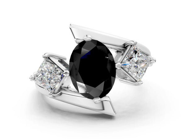 Silver Three-Stone Fancy Black Oval Cut Cut Tension Band Ring with Four-Prong Setting