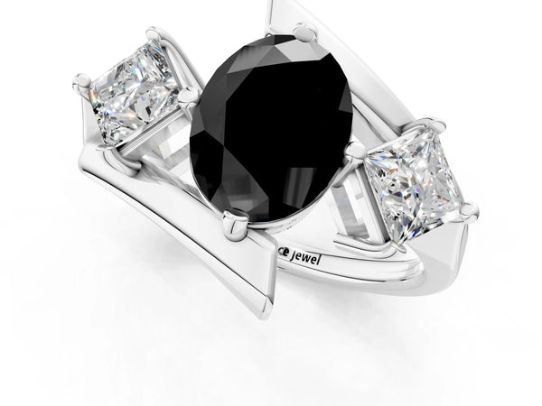 Silver Three-Stone Fancy Black Oval Cut Cut Tension Band Ring with Four-Prong Setting