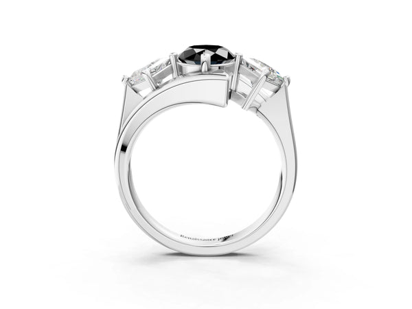 Silver Three-Stone Fancy Black Oval Cut Cut Tension Band Ring with Four-Prong Setting