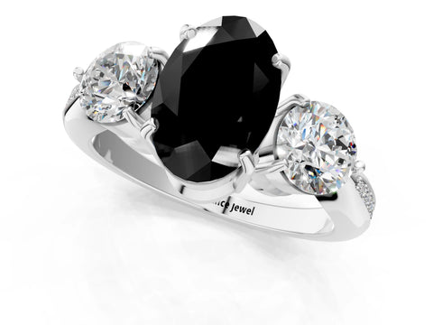 Silver Three-Stone Fancy Black Oval Cut Diamond Channel Set Engagement Ring with Prong Setting_25