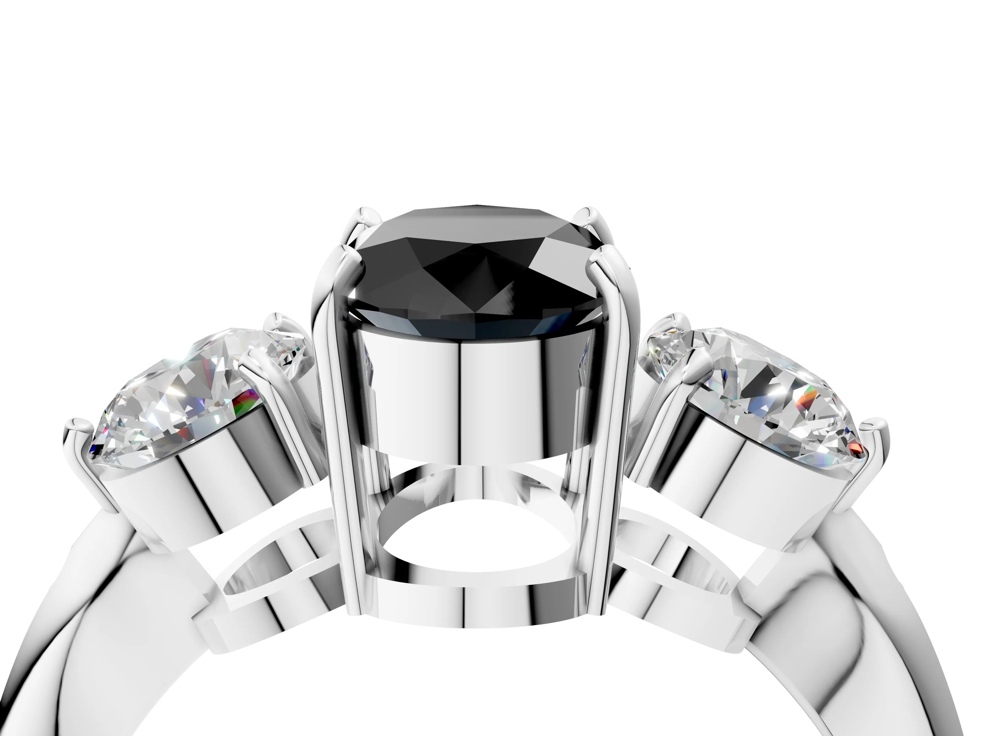 Silver Three-Stone Fancy Black Oval Cut Diamond Channel Set Engagement Ring with Prong Setting_28