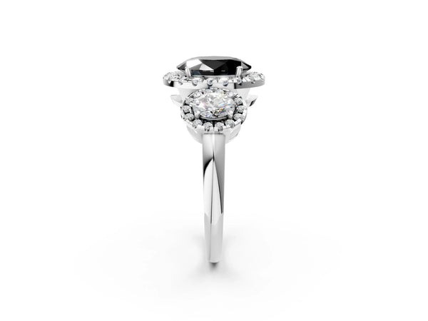 Silver Three-Stone Fancy Black Oval Cut Halo Diamond Ring with Pave Band and Four-Prong Setting