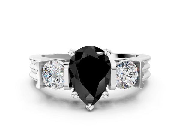 Silver Three-Stone Fancy Black Pear Cut Classic Band Prong Setting Ring