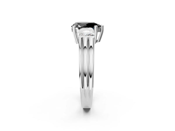 Silver Three-Stone Fancy Black Pear Cut Classic Band Prong Setting Ring