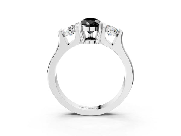 Silver Three-Stone Fancy Black Pear Cut Classic Band Prong Setting Ring