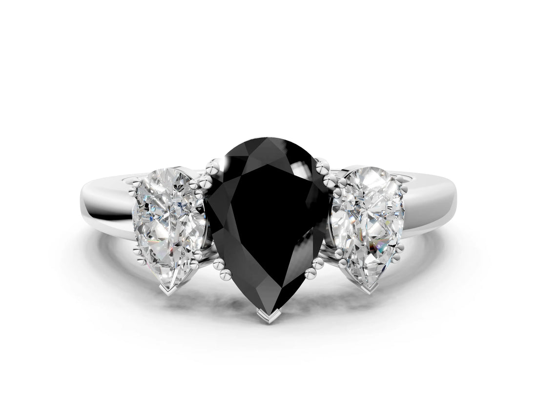 Silver Three-Stone Fancy Black Pear Cut Cut Diamond Ring with Channel Set Band and Four-Prong Setting_30