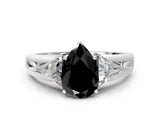 Silver Three-Stone Fancy Black Pear Cut Cut Diamond Ring with Trillion Side Stones on a Split Shank Band_6