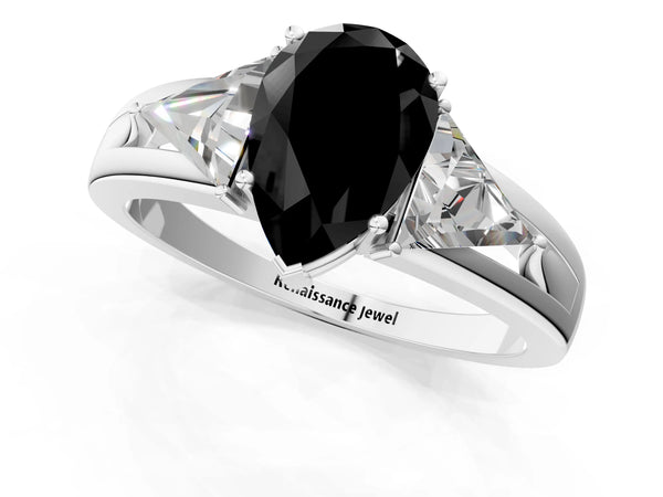 Sterling Silver Pear-Shaped Split Shank Three Stone Engagement Ring Setting for Black Center