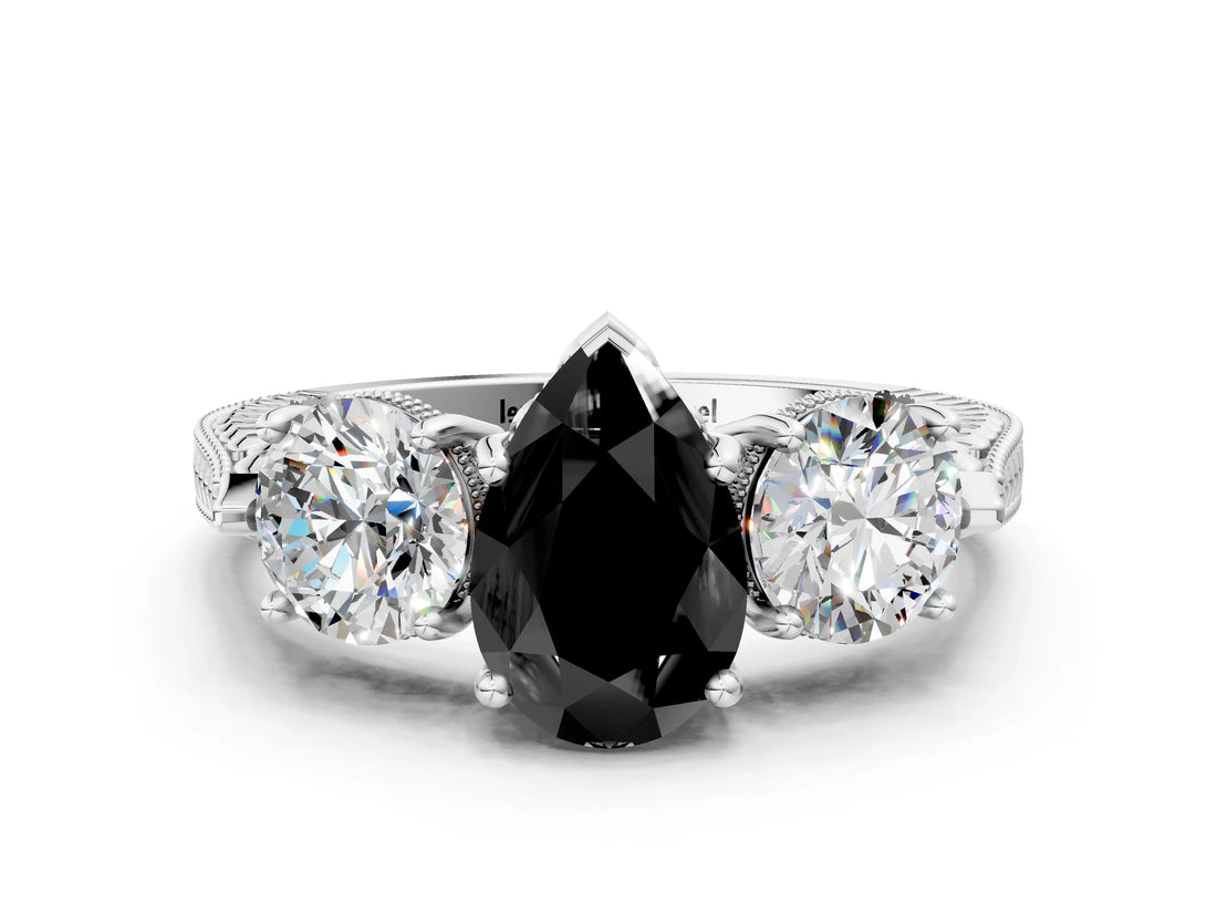 Silver Three-Stone Fancy Black Pear Cut Cut Milgrain Band Prong Setting Ring_6