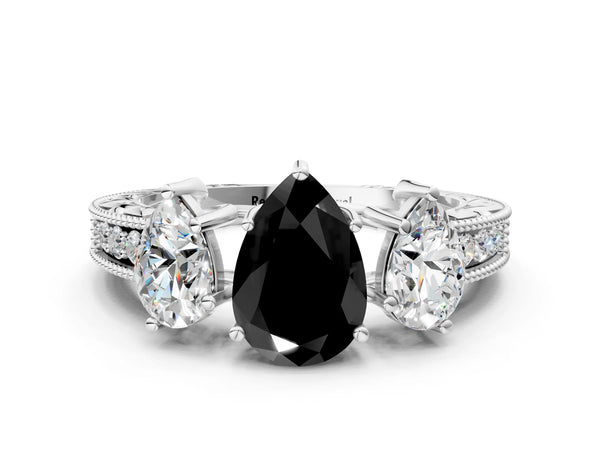 Sterling Silver Pear-Shaped Engraved Three Stone Engagement Ring Setting for Black Center