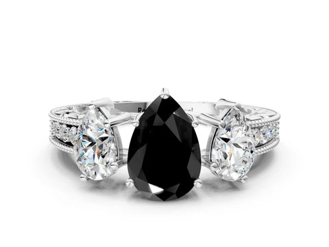 Silver Three-Stone Fancy Black Pear Cut Cut Milgrain Pavé Engagement Ring_18