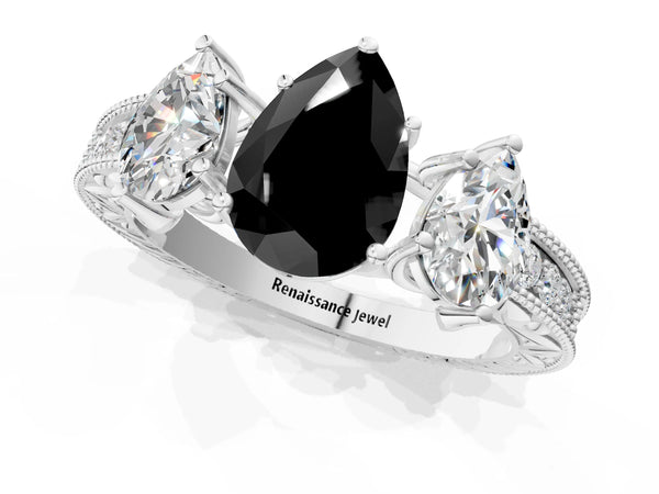 Sterling Silver Pear-Shaped Engraved Three Stone Engagement Ring Setting for Black Center