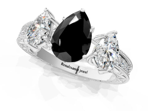 Silver Three-Stone Fancy Black Pear Cut Cut Milgrain Pavé Engagement Ring_19