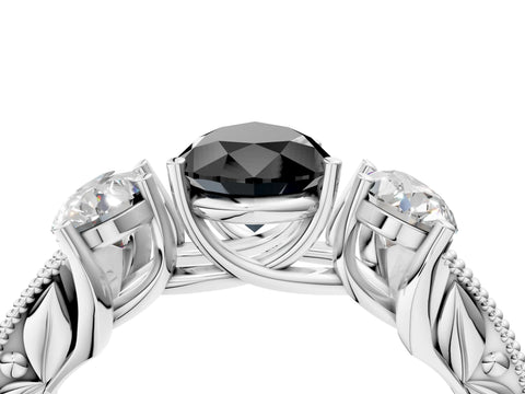 Silver Three-Stone Fancy Black Pear Cut Cut Milgrain Pavé Engagement Ring_22