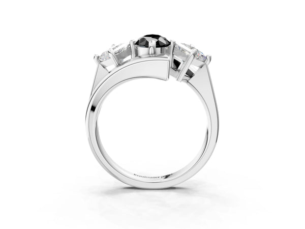 Silver Three-Stone Fancy Black Pear Cut Cut Tension Band Ring with Four-Prong Setting