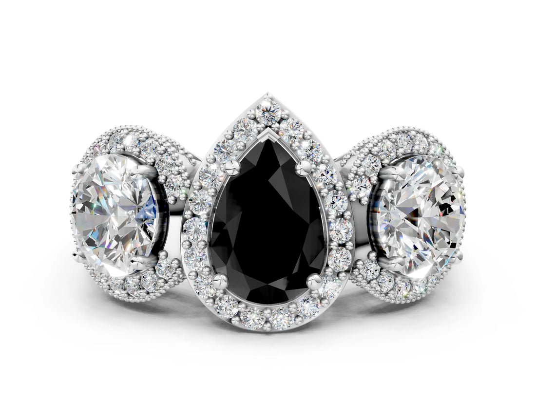 Silver Three-Stone Fancy Black Pear Cut Halo Diamond Milgrain Band with Four-Prong Setting_12