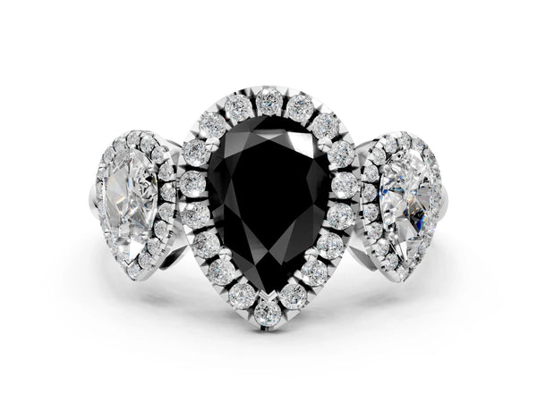 Silver Three-Stone Fancy Black Pear Cut Halo Diamond Ring with Pave Band and Four-Prong Setting