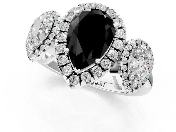 Silver Three-Stone Fancy Black Pear Cut Halo Diamond Ring with Pave Band and Four-Prong Setting