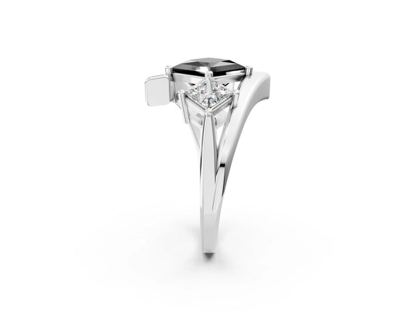 Silver Three-Stone Fancy Black Princess Cut Cut Tension Band Ring with Four-Prong Setting