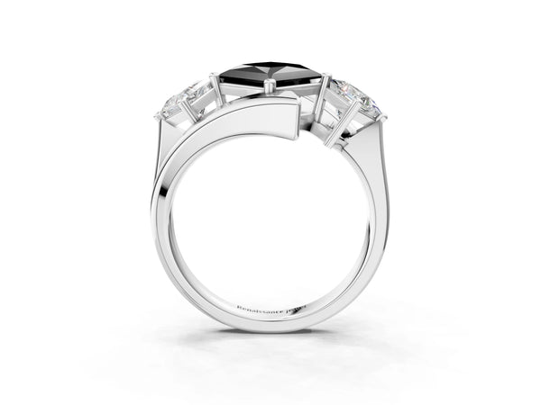 Silver Three-Stone Fancy Black Princess Cut Cut Tension Band Ring with Four-Prong Setting