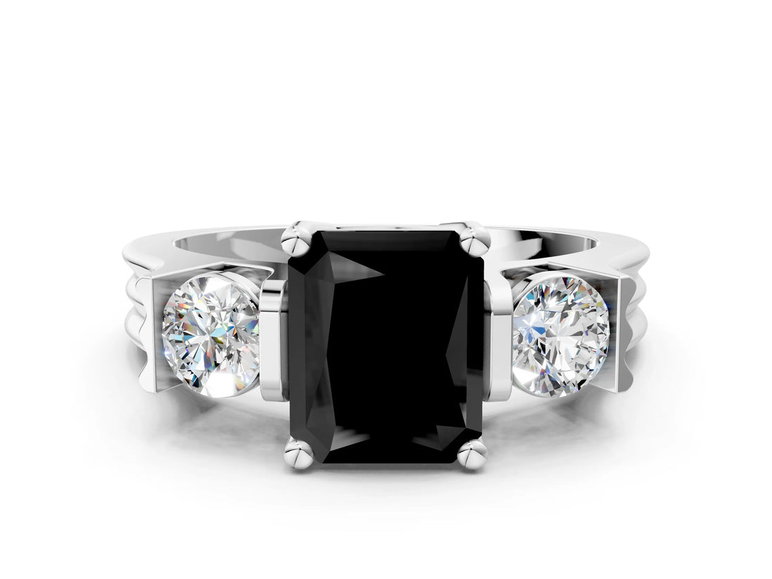 Silver Three-Stone Fancy Black Radiant Cut Cut Classic Band Prong Setting Ring_6