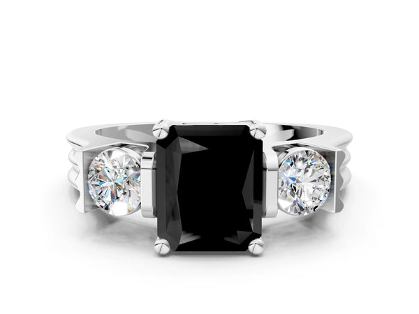 Silver Three-Stone Fancy Black Radiant Cut Classic Band Prong Setting Ring