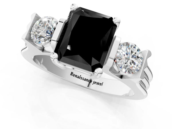 Silver Three-Stone Fancy Black Radiant Cut Classic Band Prong Setting Ring
