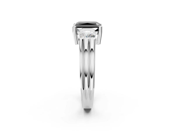 Silver Three-Stone Fancy Black Radiant Cut Classic Band Prong Setting Ring